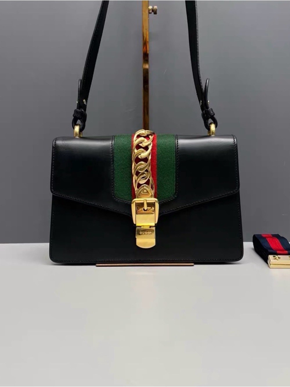 Gucci Black Leather Shoulder Bag with Green and Red Stripe and Gold Hardware